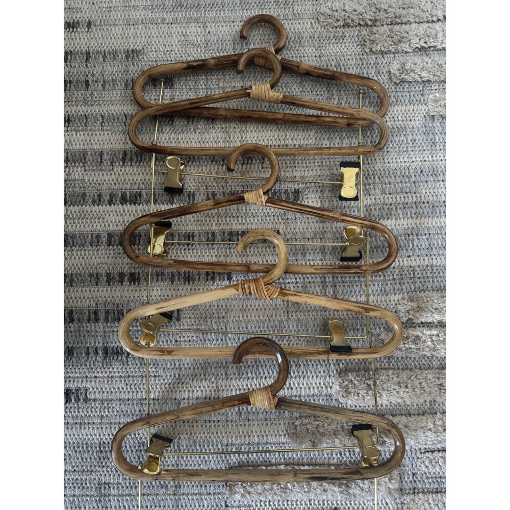 Vintage Rattan Bamboo Hangers with Clips Set of 4 Boho Wicker Wood Closet Decor